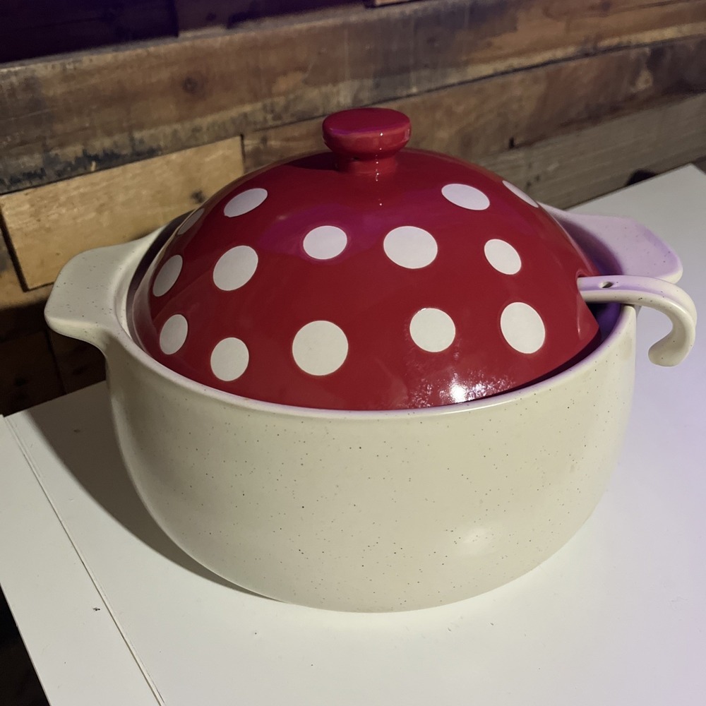World Market Mushroom Soup Pot Tureen Large Includes Red Lid & Ladle Polka Dots